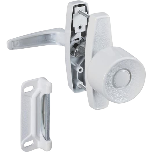White knob latch with lever handle and strike plate for wood or metal doors in hardware and furniture accessories collection