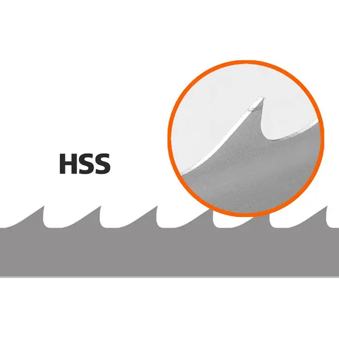 Close-up illustration of carbide steel teeth on a bimetal bandsaw blade for sawmill accessories and tools