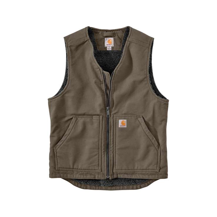 Brown washed duck vest with sherpa lining and front zipper designed for outdoor wear and cold weather tasks