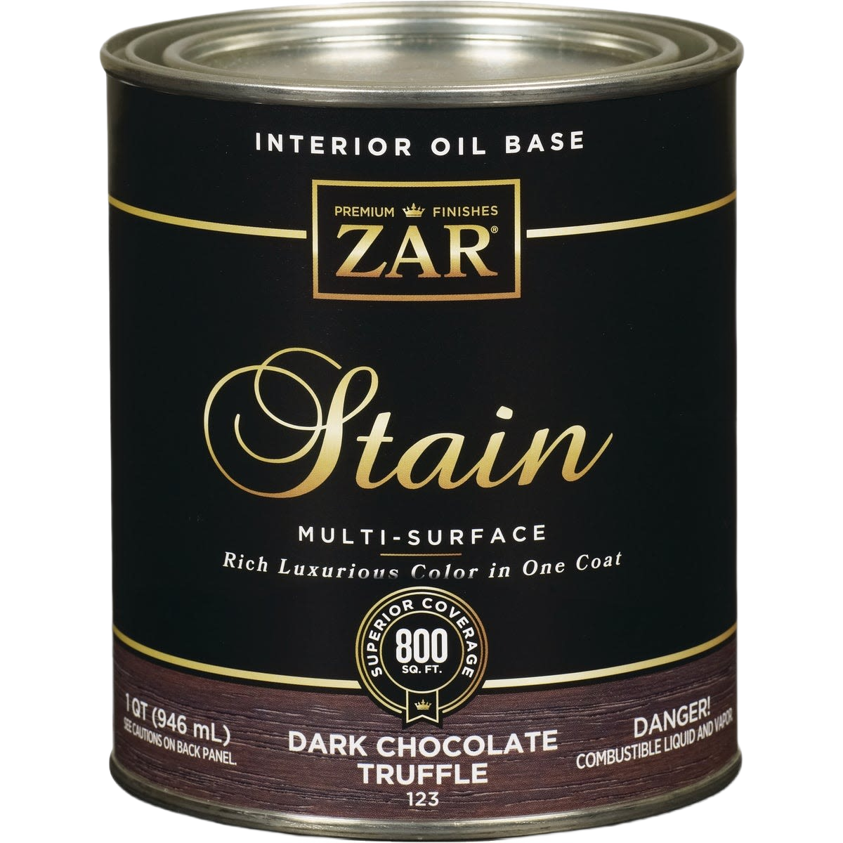 Can of ZAR interior oil base wood stain in dark chocolate truffle, for multi-surface finishing and home improvement projects
