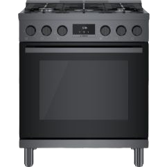 30-inch black stainless steel gas freestanding range with five burners and convection oven in kitchen appliances collection