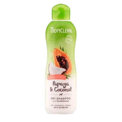 Green bottle of TropiClean Papaya and Coconut pet shampoo and conditioner with fruit images on label