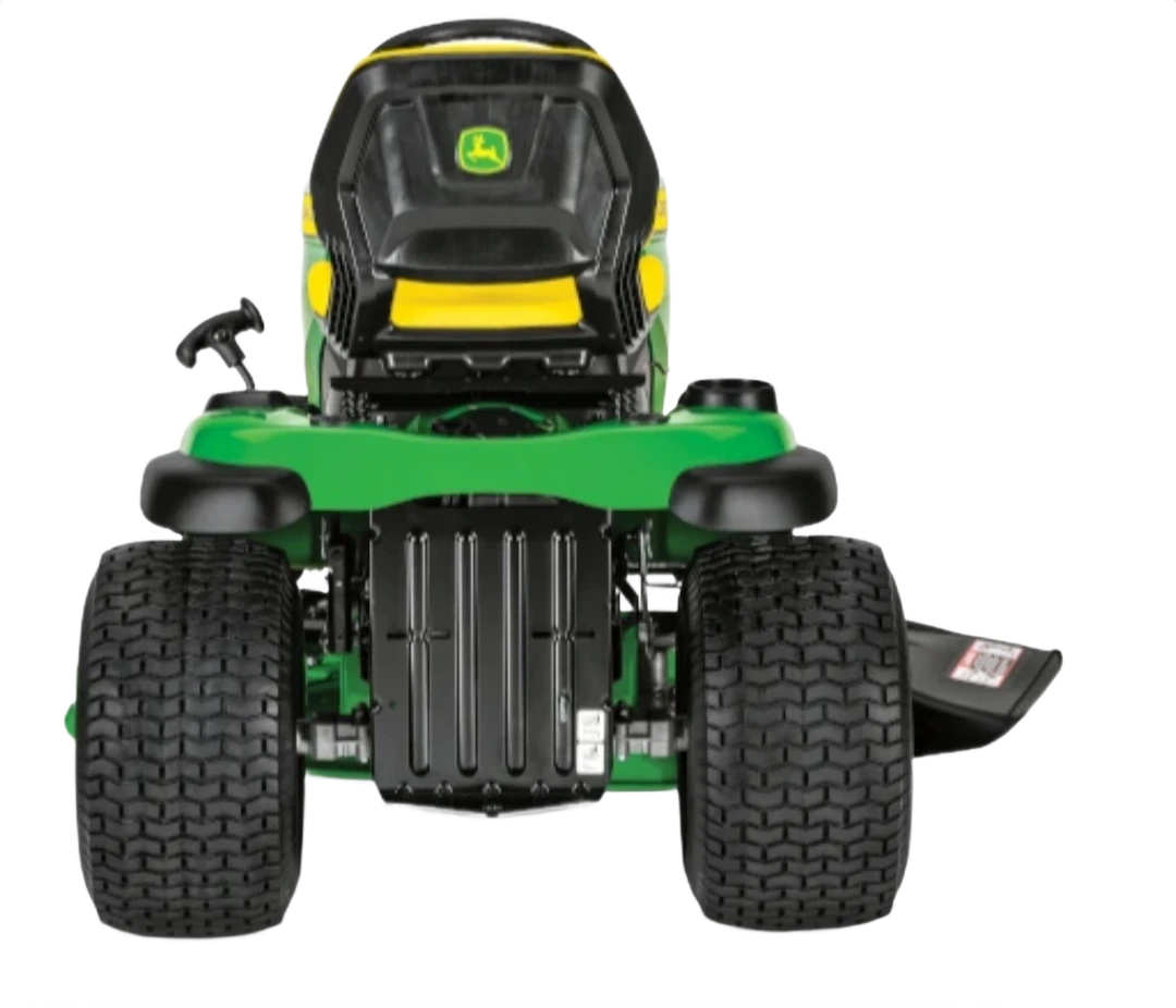 Rear view of green and yellow John Deere riding mower with large rear tires in outdoor power equipment collections