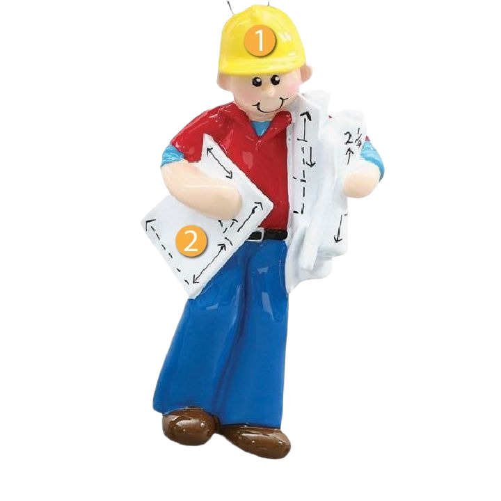 Personalized construction worker ornament wearing yellow helmet and red shirt holding blueprints from Christmas Ornaments collection