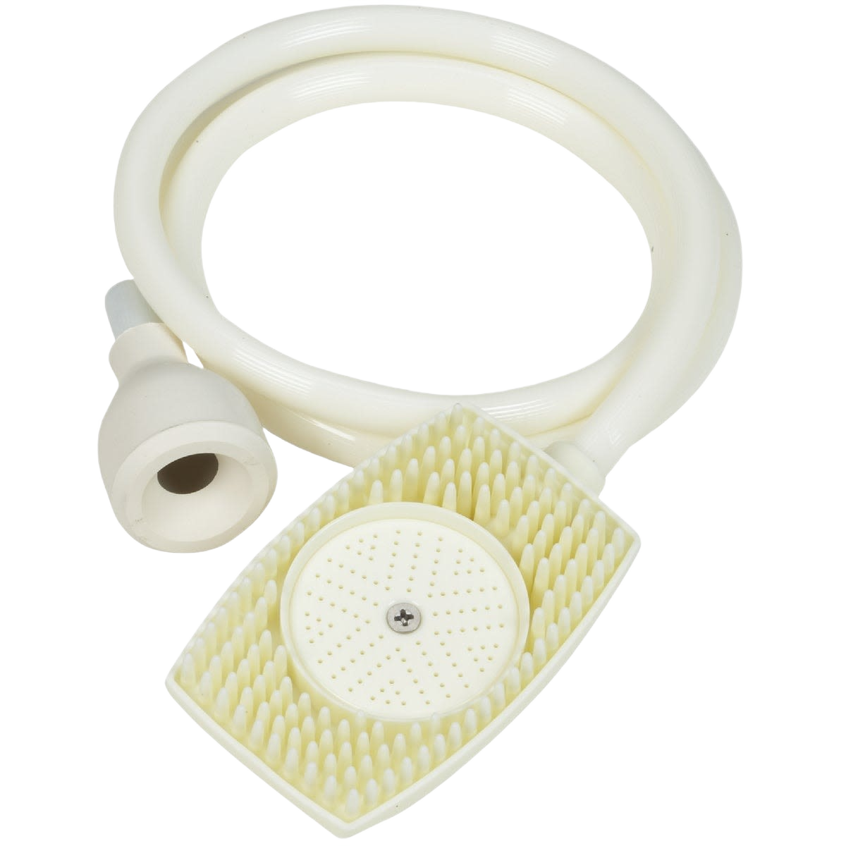 Flexible white rubber sink spray hose with nozzle and brush attachment for home improvement and cleaning tasks