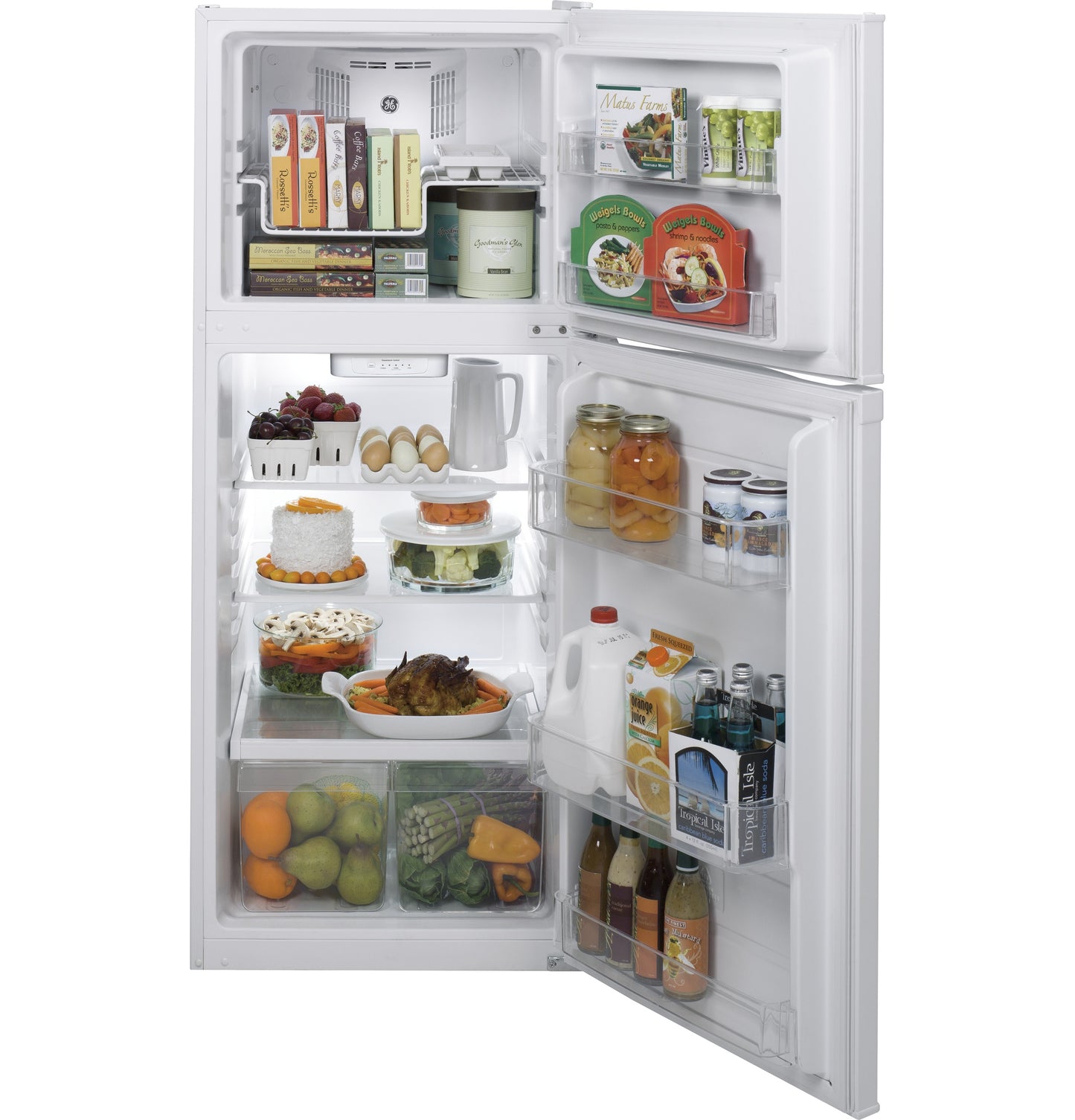 Open white top-freezer refrigerator with organized fresh produce, dairy, and beverages in kitchen appliance collection