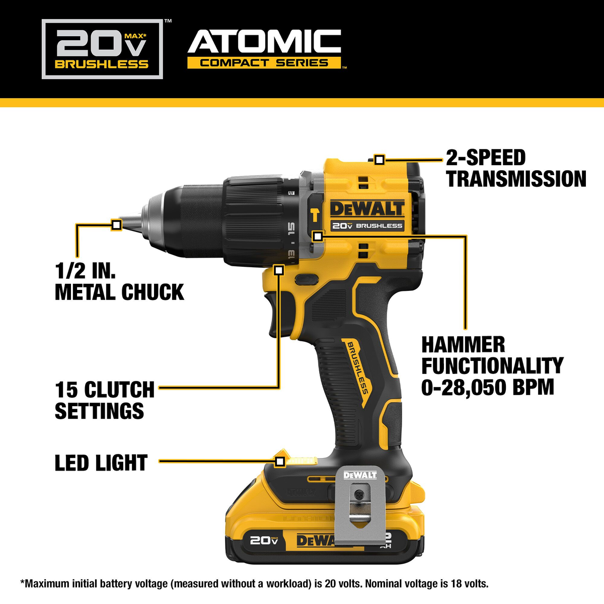 DEWALT ATOMIC COMPACT SERIES™ 20V MAX* Brushless Cordless 1/2" Hammer Drill Kit