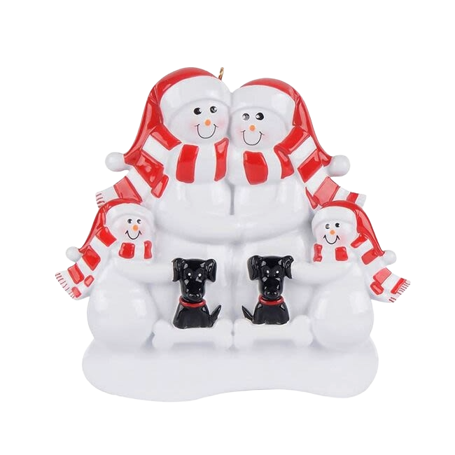 Snowman family of four wearing matching red scarves hugging two black dogs festive Christmas ornament under $50