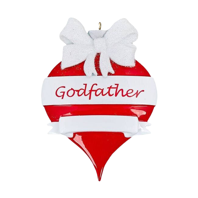 Red teardrop ornament with white bow and personalized Godfather script from Christmas Ornaments & Tree Decorations collection