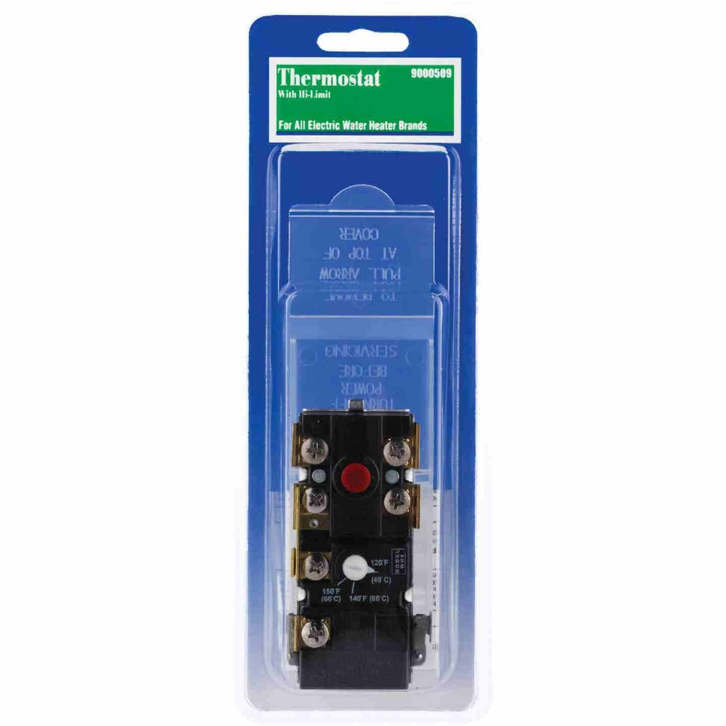 Single element water heater thermostat with red reset button and metal terminals for tools and home improvement projects