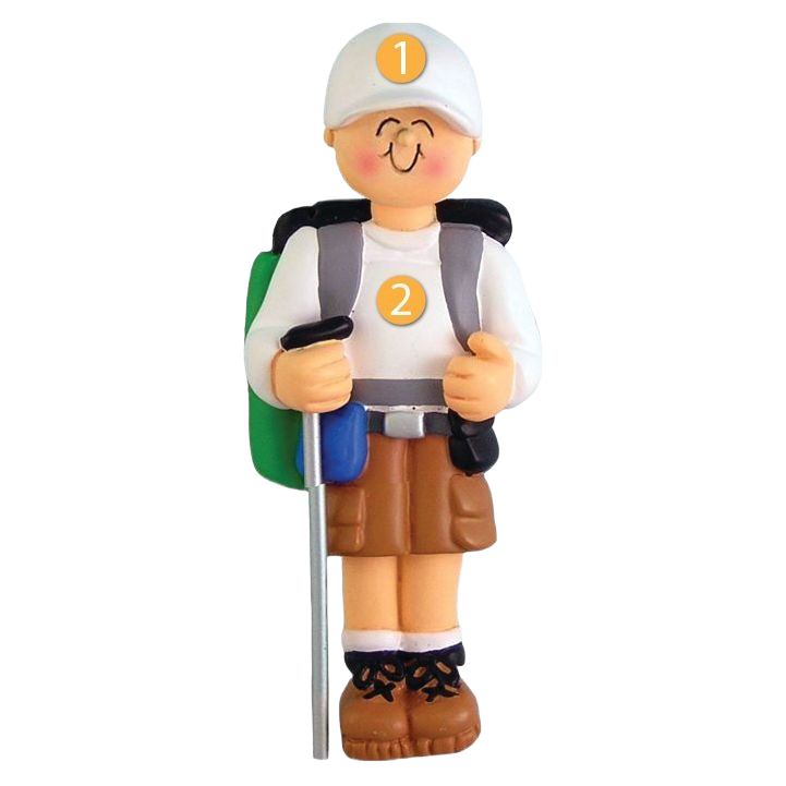 Male hiker figurine ornament wearing shorts and cap with backpack and walking stick for Christmas tree under $50