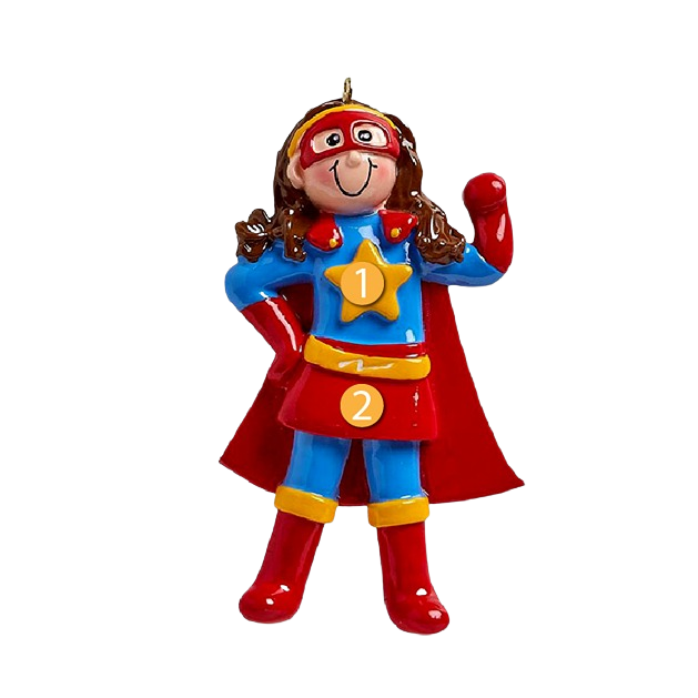 Personalized female superhero ornament with red cape and blue costume for Christmas Ornaments & Tree Decorations under $50