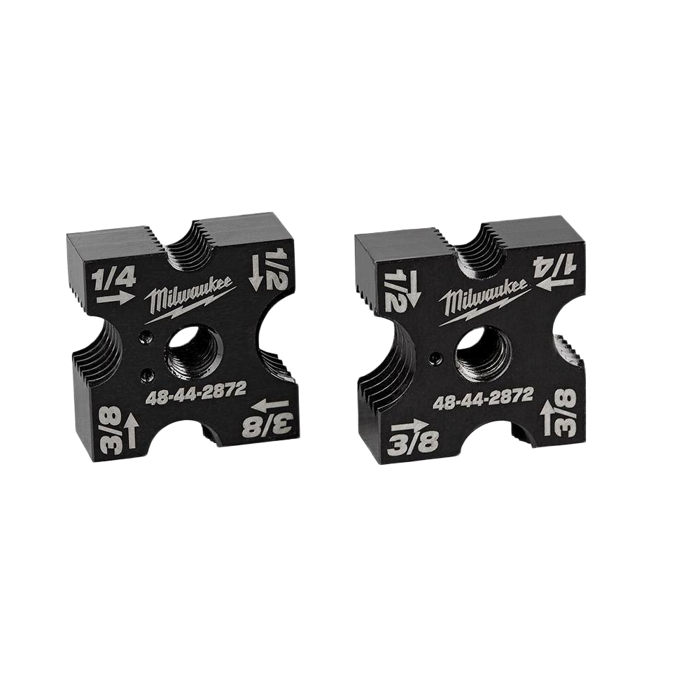 Two black Milwaukee cutting dies with size markings for precise threaded rod cuts in hand and woodworking tools collections