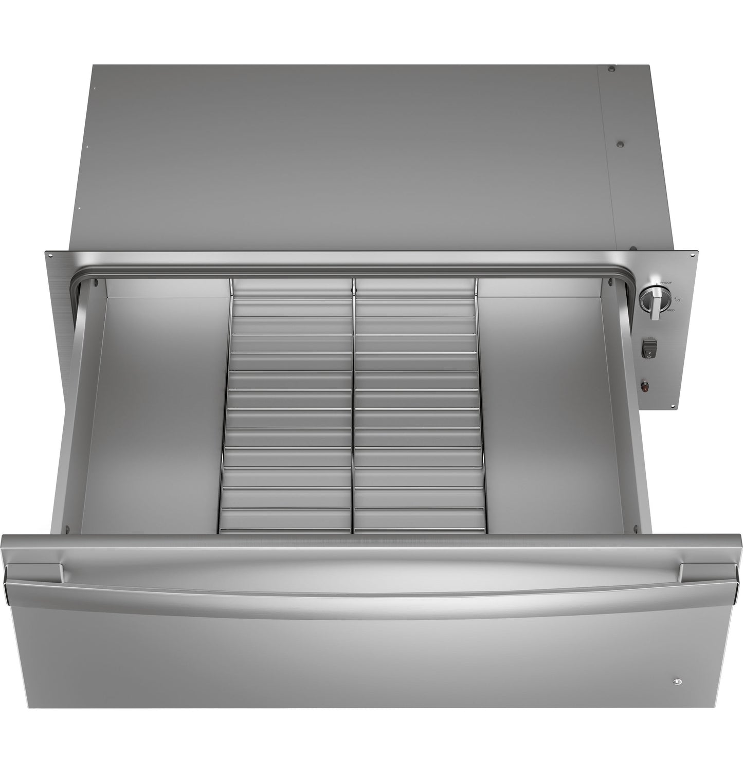 Open stainless steel warming drawer with control knob, designed for integration in kitchen and wall oven collections