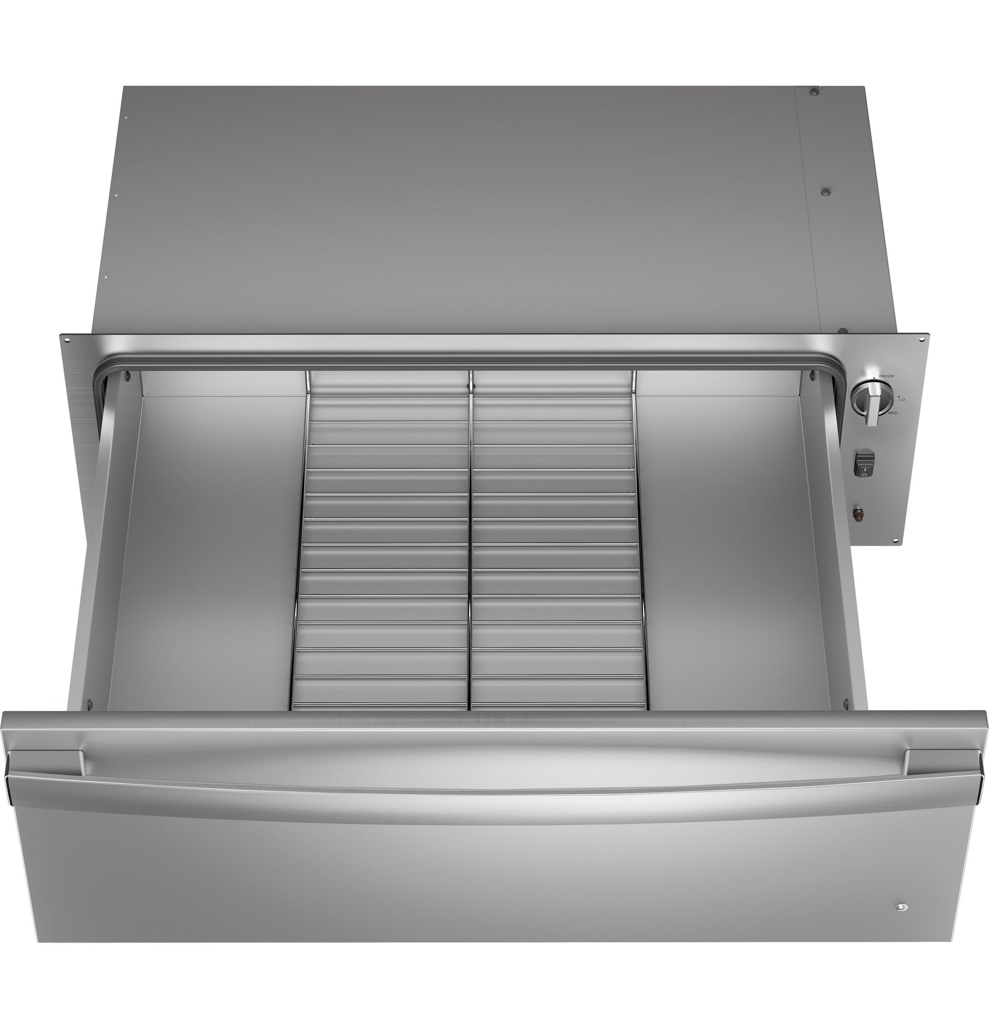 Open stainless steel warming drawer with control knob, designed for integration in kitchen and wall oven collections