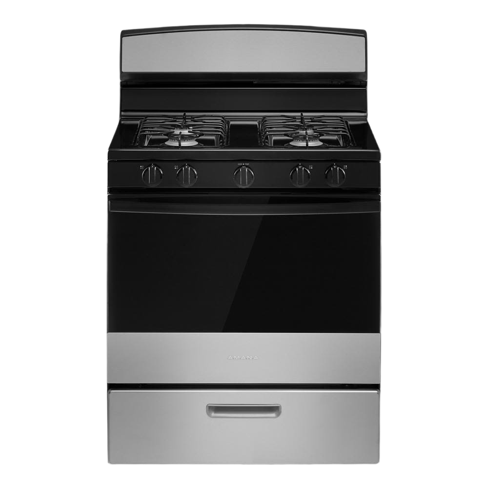 30-inch stainless steel and black gas range with four burners and easy-clean glass door in kitchen appliances collection