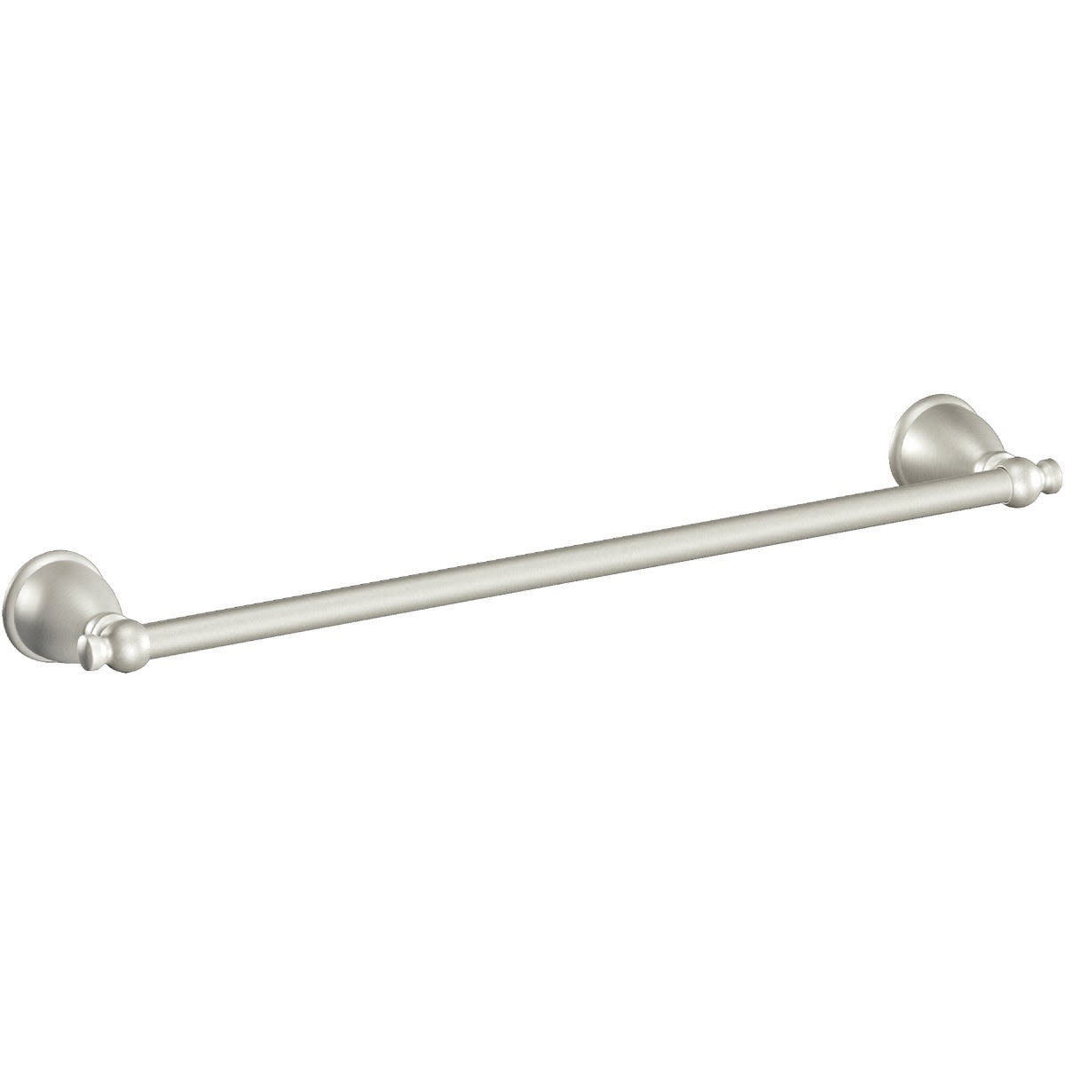 24-inch brushed nickel towel bar with classic rounded mounting brackets for bathroom organization and home improvement