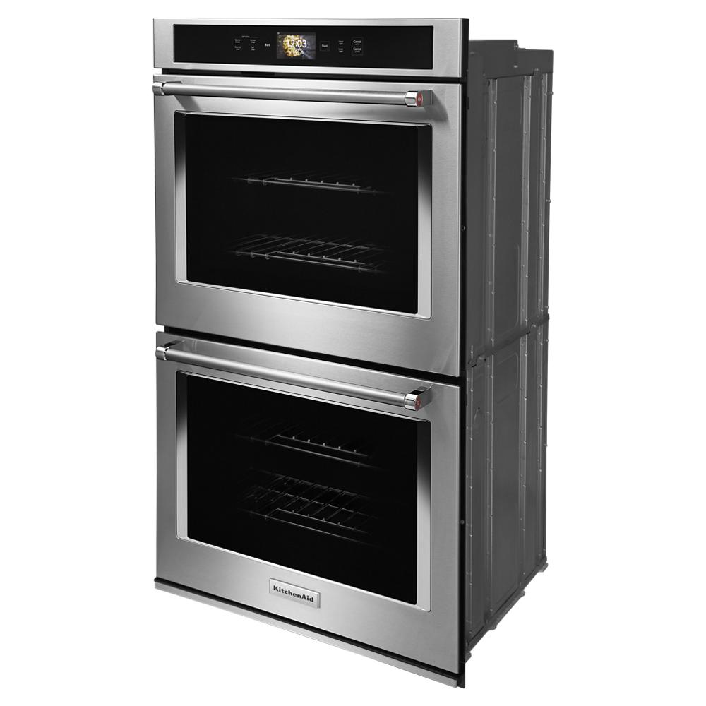 Stainless steel double wall oven with digital controls and large glass windows from KitchenAid appliances collection
