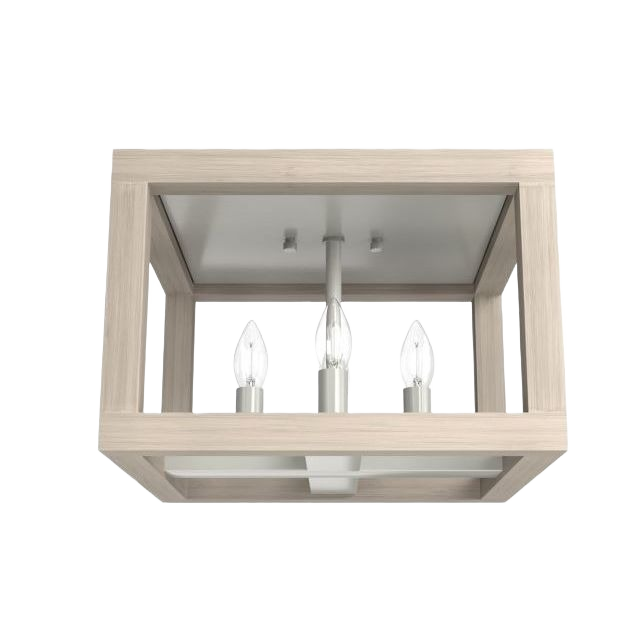 Brushed nickel 4-light flush mount fixture with minimalist open frame, ideal for bathroom and ceiling lighting.