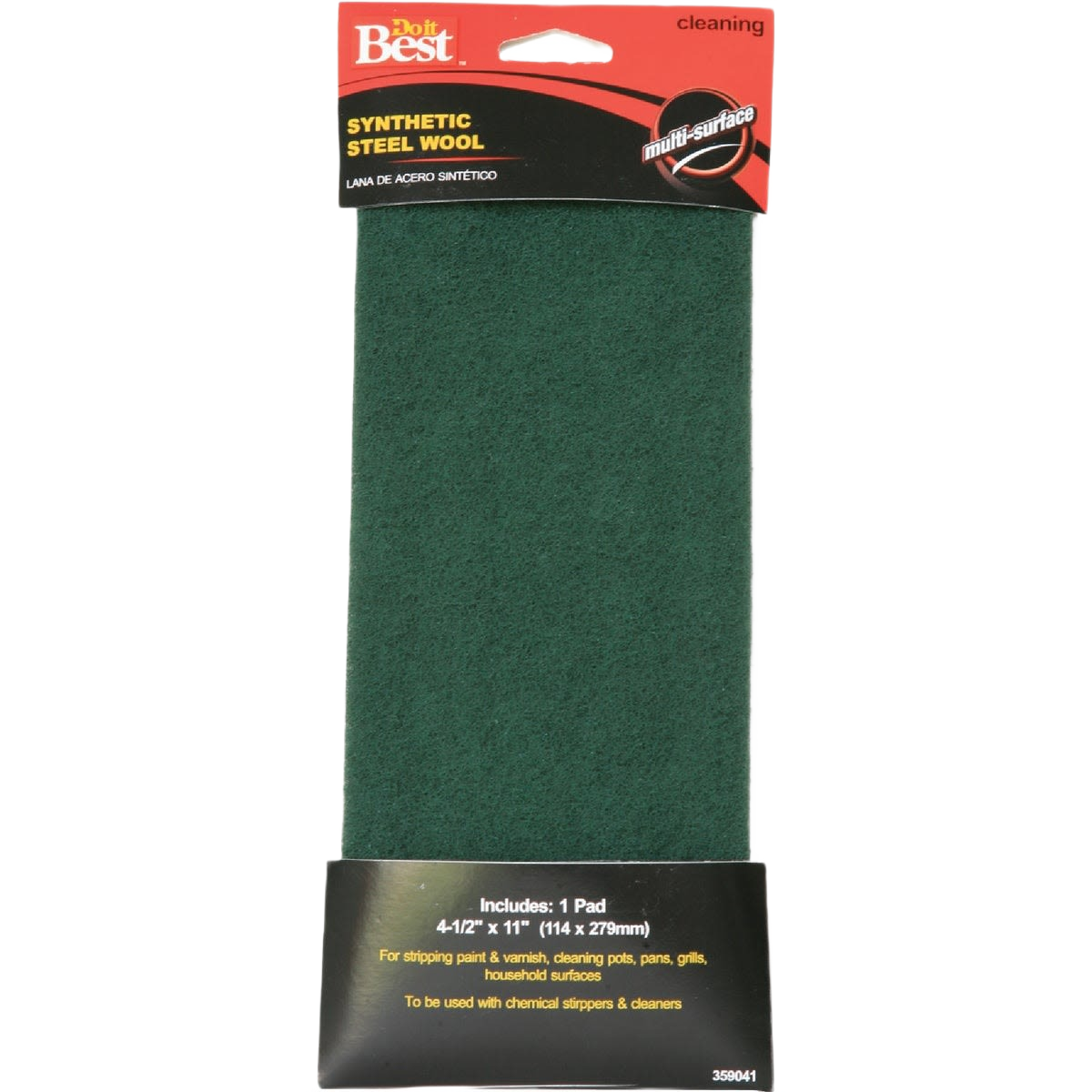 Green synthetic steel wool pad in packaging for paint stripping and cleaning in paint and repair supplies collections