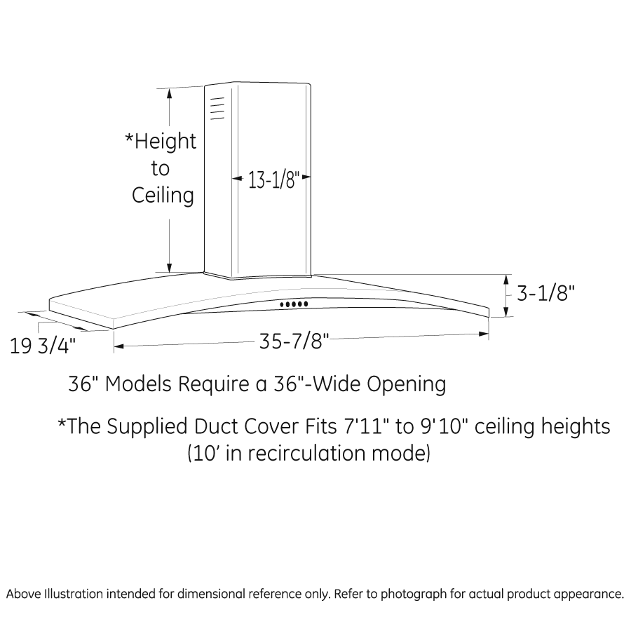 Line drawing of a curved canopy wall-mounted chimney hood with dimensions, part of range hoods and kitchen appliances.