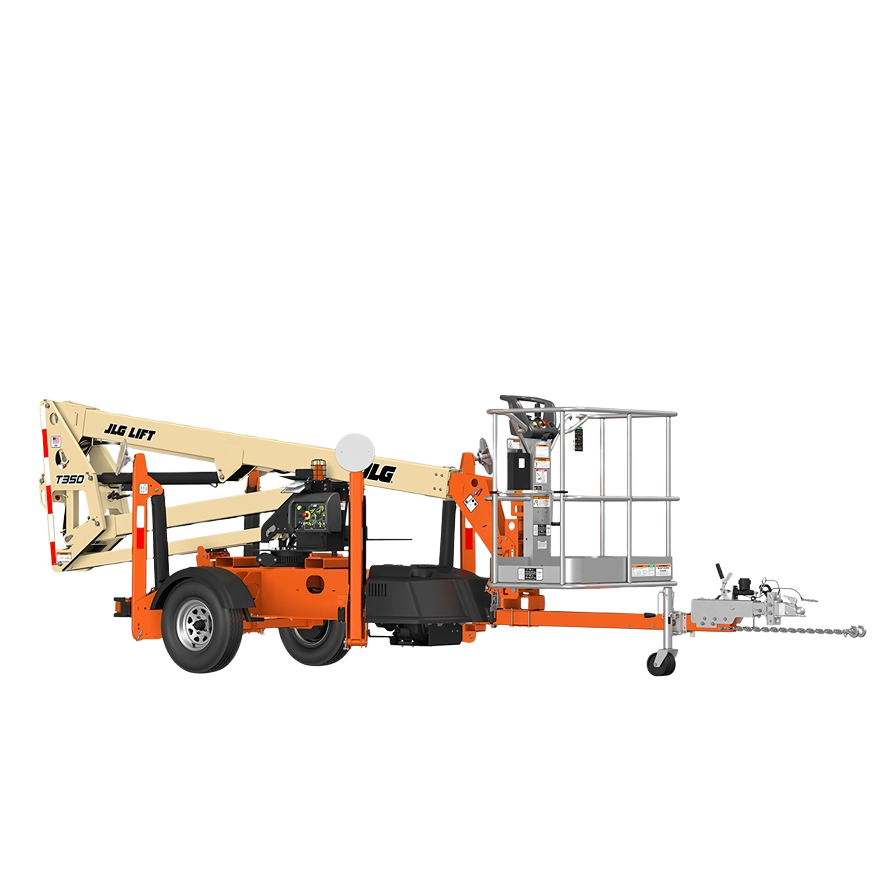 Orange and beige towable boom lift with articulating arm and safety platform, part of Rental Equipment at Hartville Hardware for home improvement and tools.