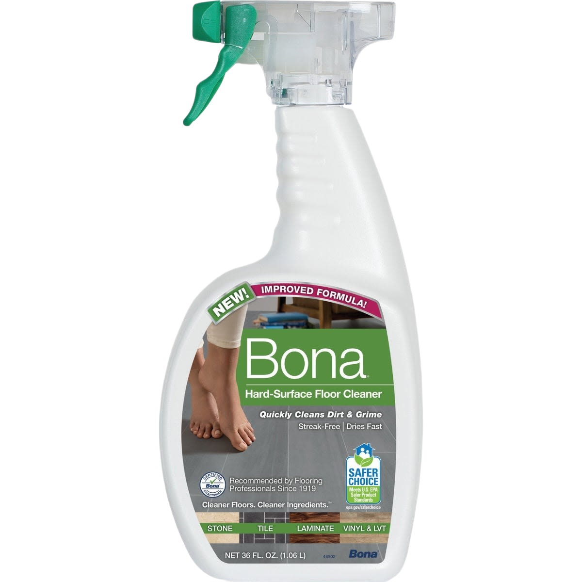 Spray bottle of Bona floor cleaner for stone, tile, and laminate with green trigger and clear body for home use