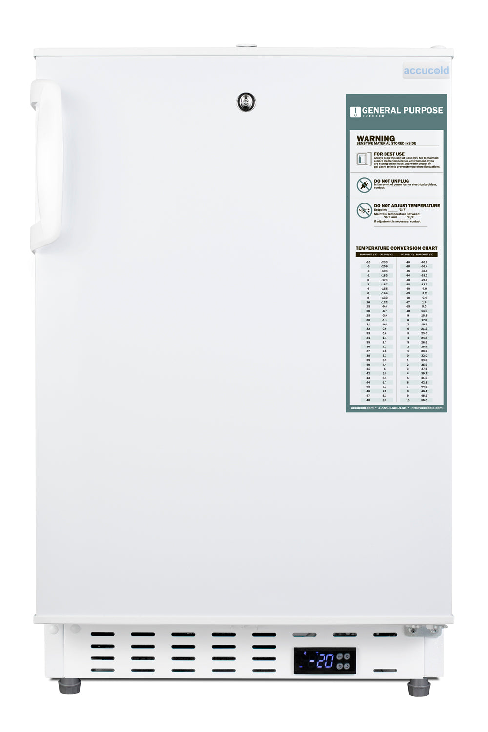 Front view of white built-in undercounter freezer with lock, handle, warning label, and digital temperature display from Appliances collection