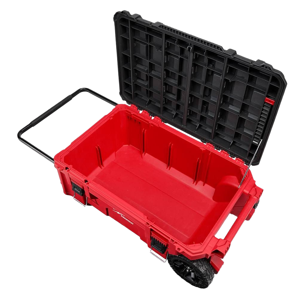 Red and black Milwaukee PACKOUT™ rolling tool chest with extendable handle and durable wheels for tool storage and organization