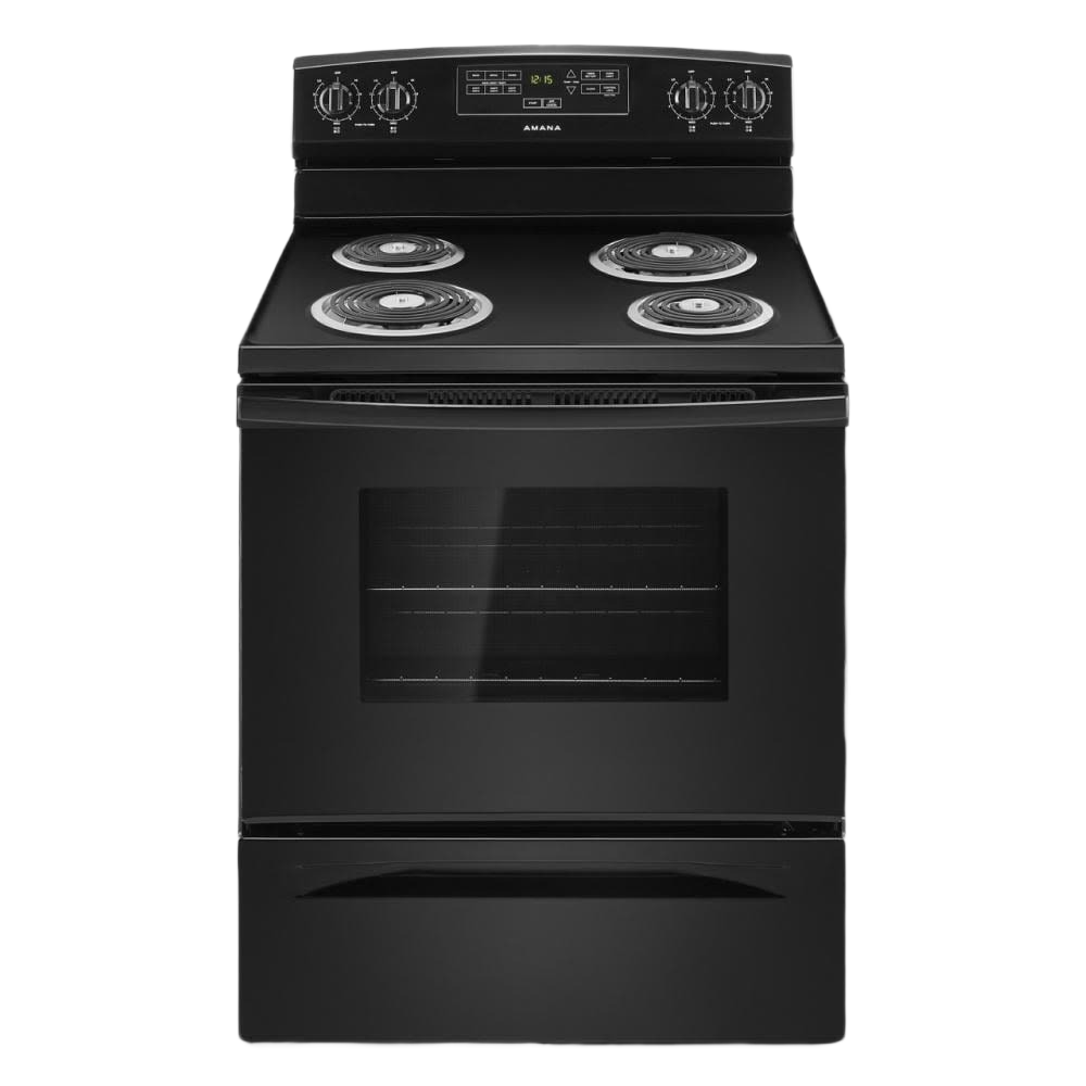 Black 30-inch electric range with four coil burners and digital control panel in kitchen appliances collection