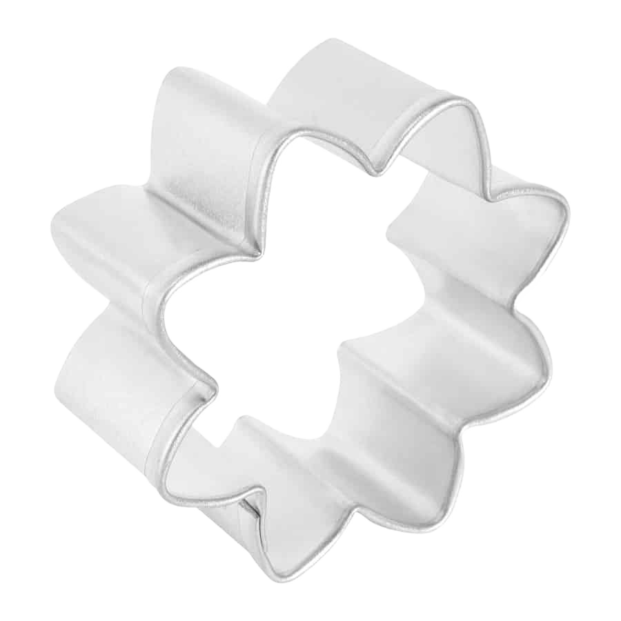 Daisy-shaped metal cookie cutter with smooth edges measuring 3.5 inches for baking and crafting use