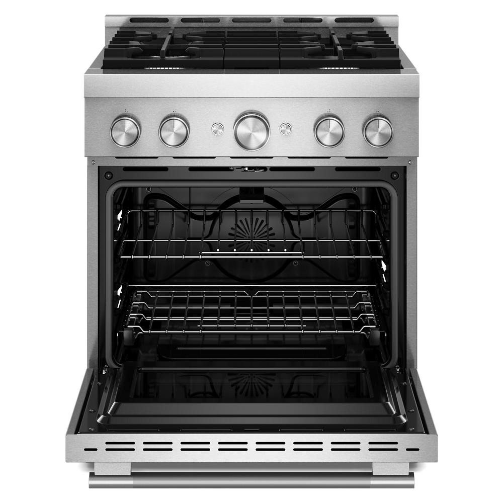 Front view of stainless steel 30-inch commercial-style gas range with four burners and open oven door from Ranges collection