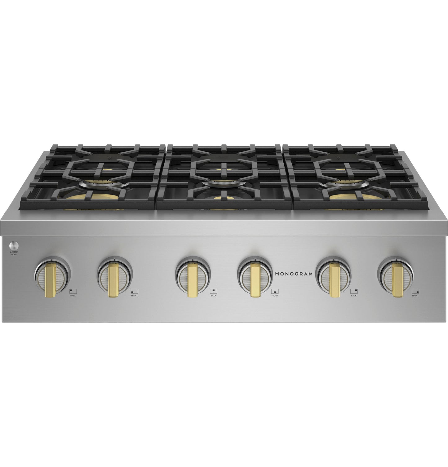 Stainless steel professional gas rangetop with six burners and brass control knobs from Kitchen & Kitchenware collections
