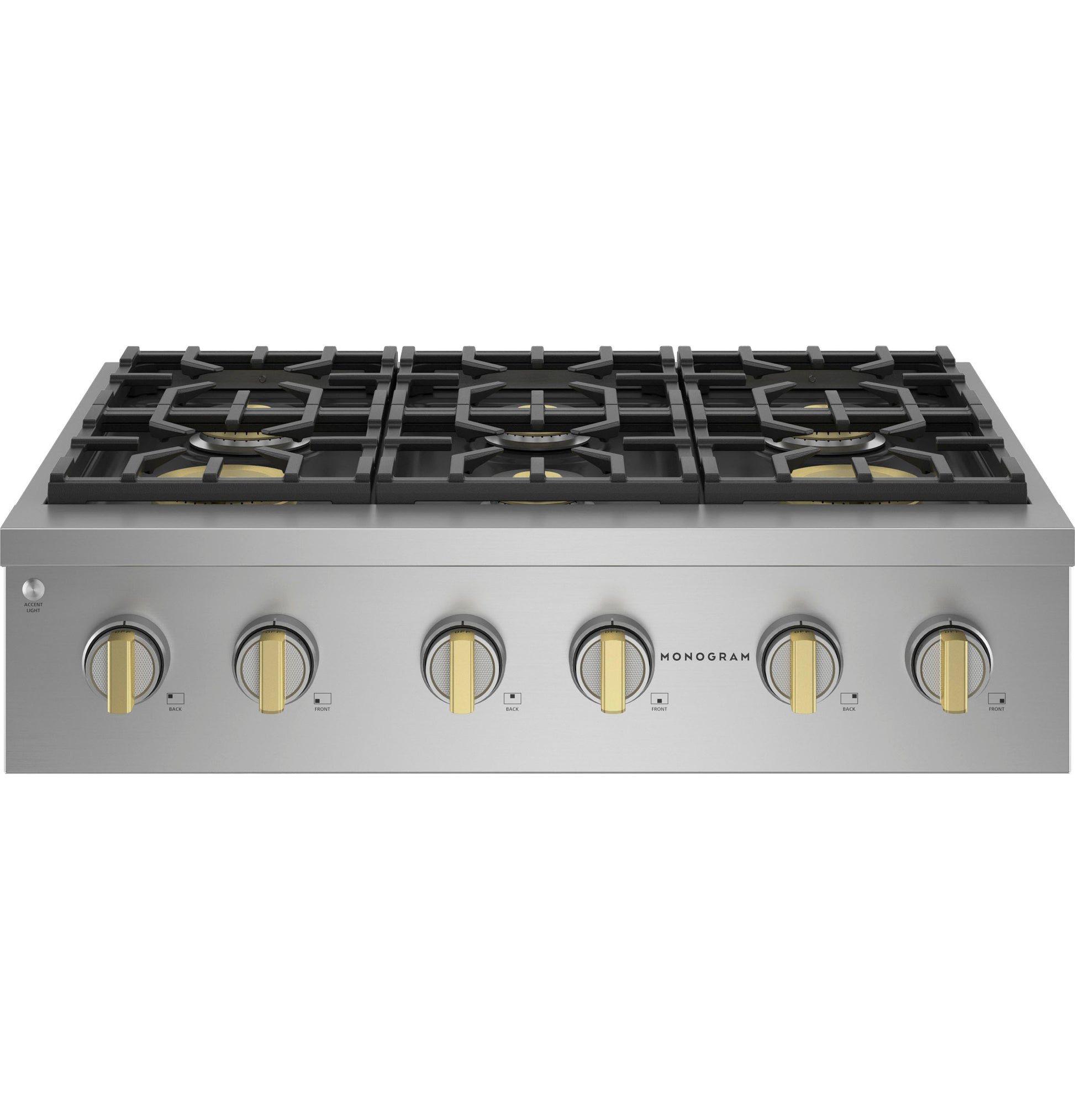 Stainless steel professional gas rangetop with six burners and brass control knobs from Kitchen & Kitchenware collections