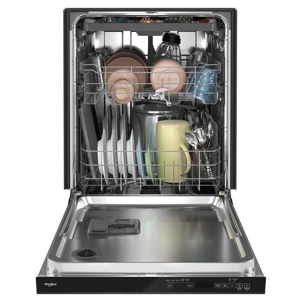 Open stainless steel dishwasher loaded with dishes and cups for built-in kitchen appliances collection