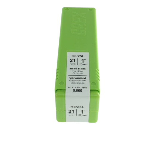 Green plastic case of galvanized 21 gauge 1 inch brad nails for fasteners and hardware in home improvement tools