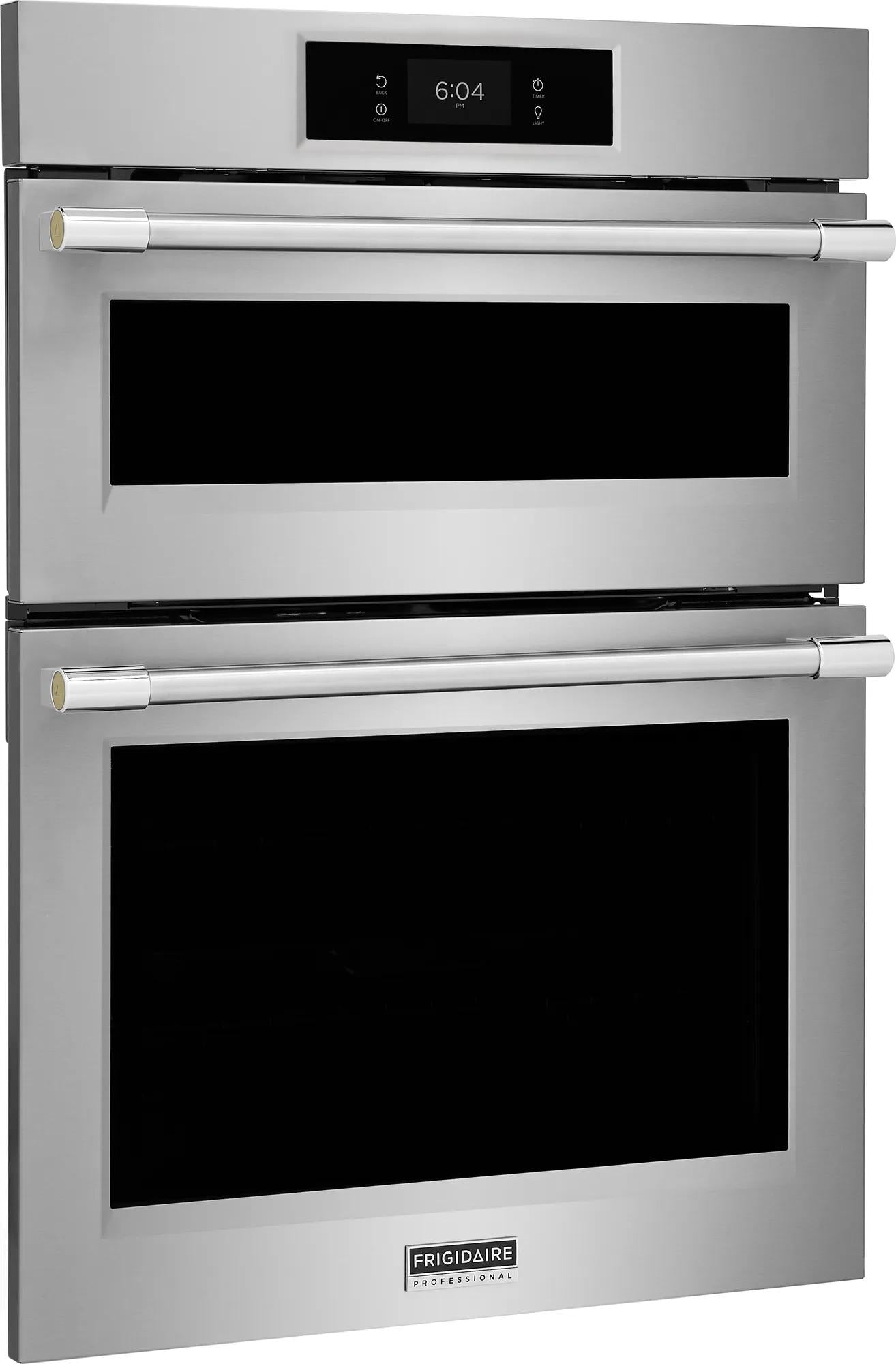 Stainless steel electric oven and microwave combo with digital display and sleek horizontal handles for kitchen appliances