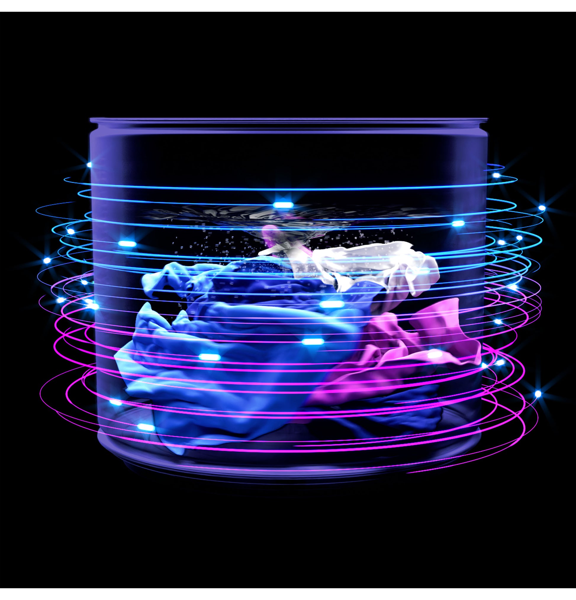 Visual representation of dynamic wash action in a top load washer drum cleaning colorful fabrics with energy flow lines