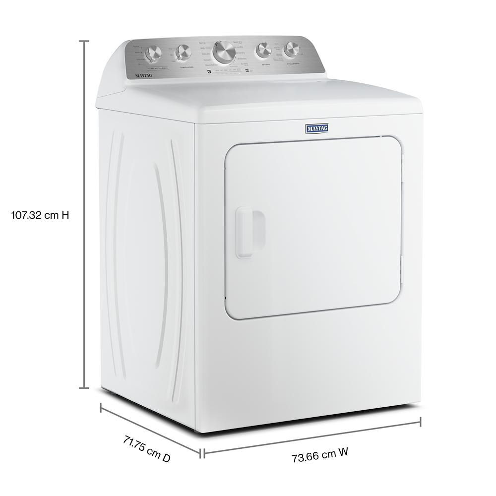 White electric dryer with control knobs on top and front loading door, shown with dimensions in centimeters