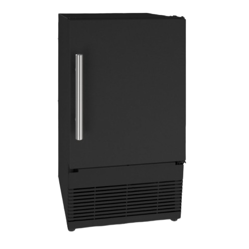Black compact ice maker with stainless steel handle designed for kitchen and appliance collections