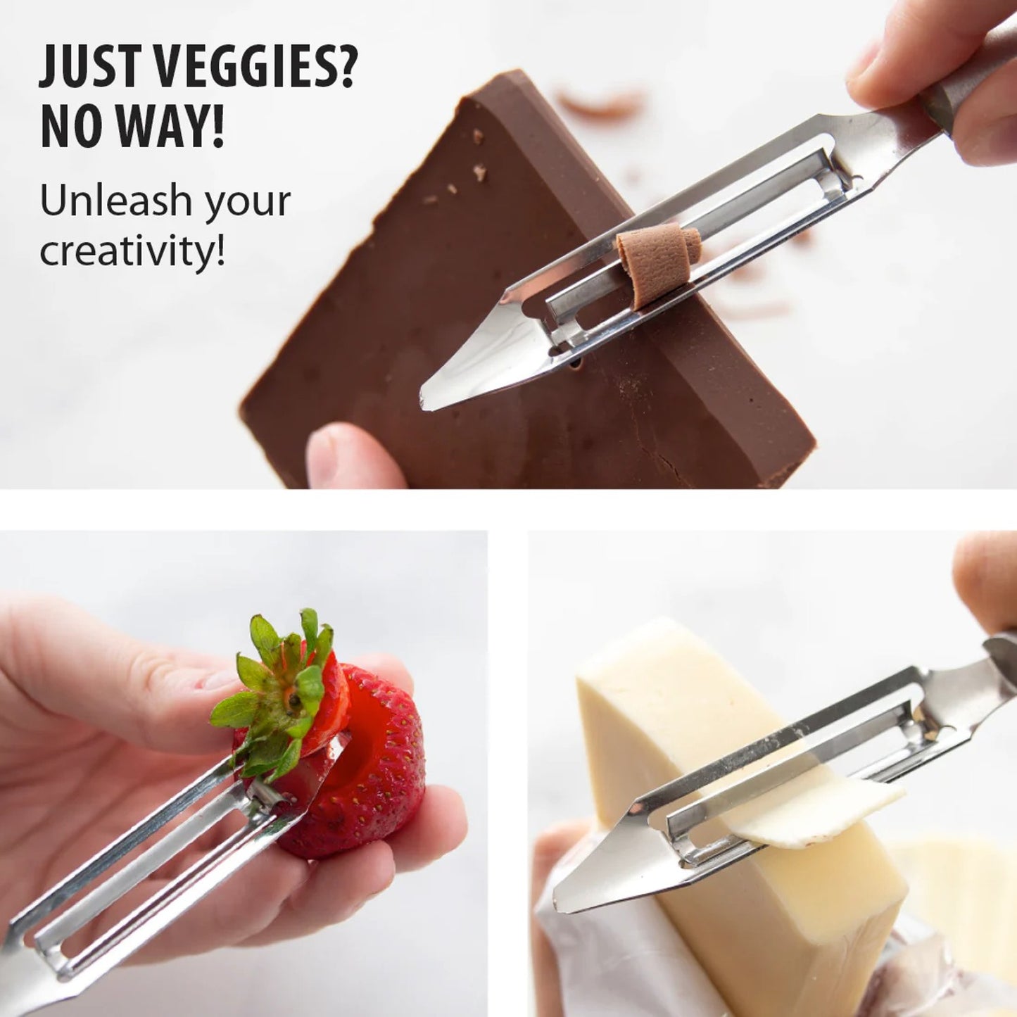 Stainless steel peeler with solid aluminum handle slicing chocolate, strawberry, and cheese in kitchen utensils collection