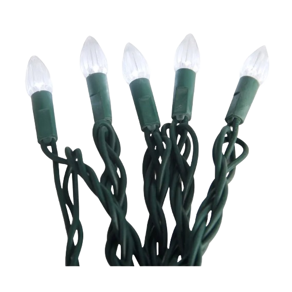 Five cool white LED lights with green wiring on a string for decorative home use and holiday lighting.
