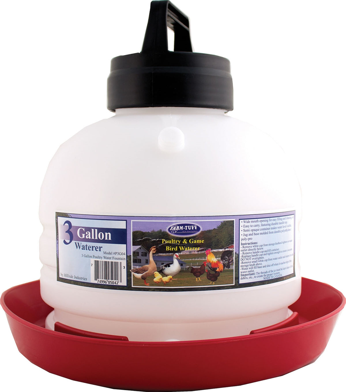 3-gallon white polyethylene poultry waterer with red base for outdoor farm animal hydration under $50