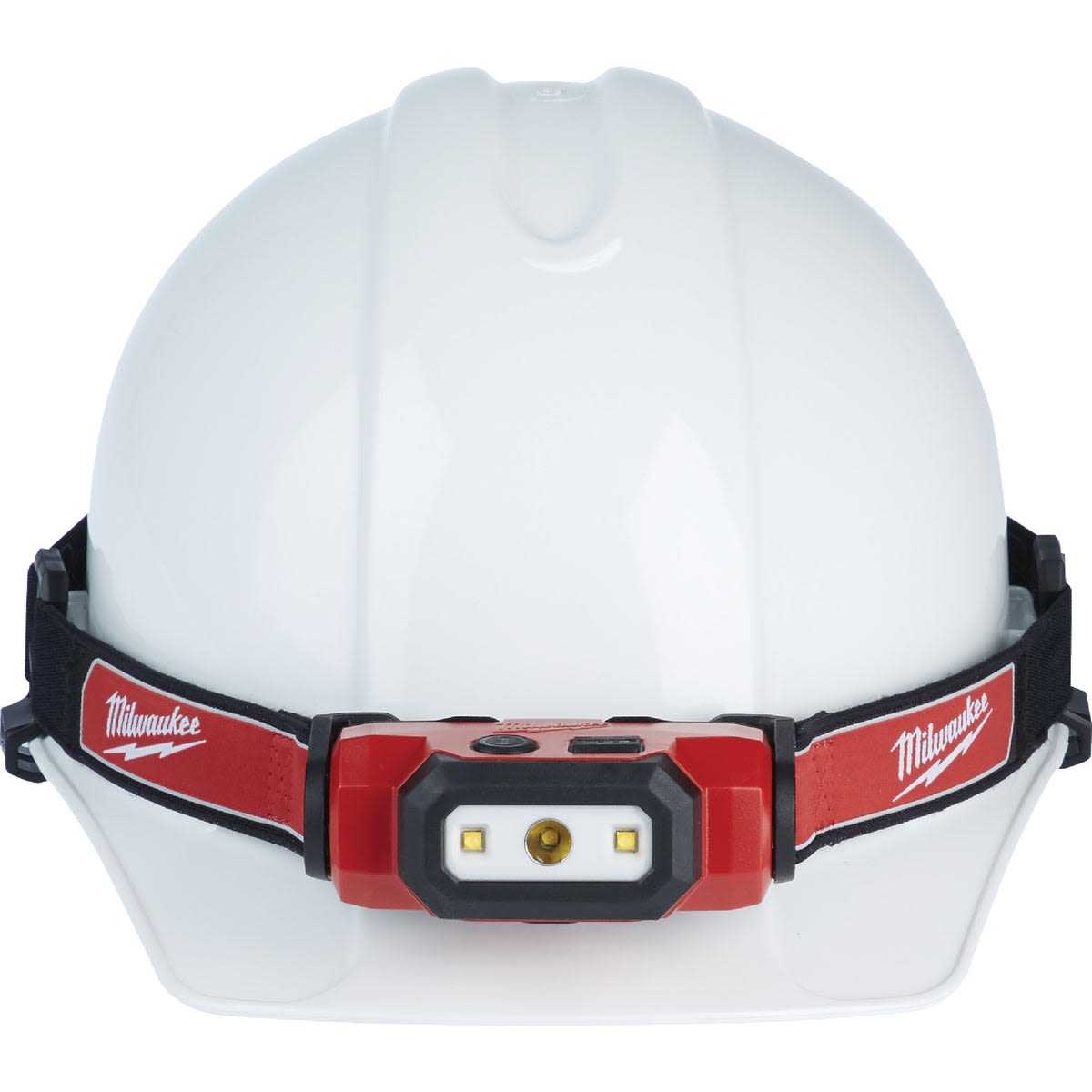 White hard hat fitted with red and black LED rechargeable headlamp featuring adjustable strap for tool and home improvement use