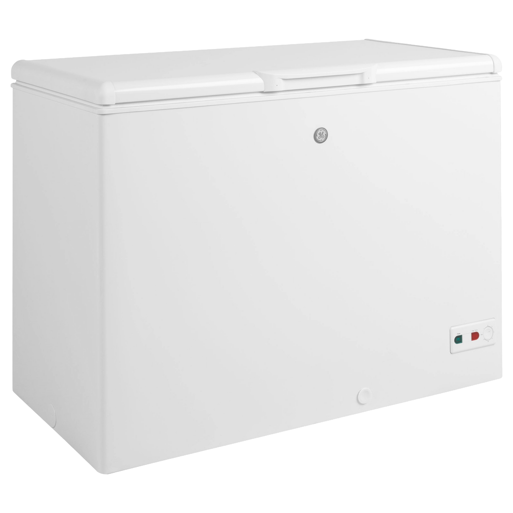 White manual defrost chest freezer with locking lid and control panel in kitchen appliance and freezer collection