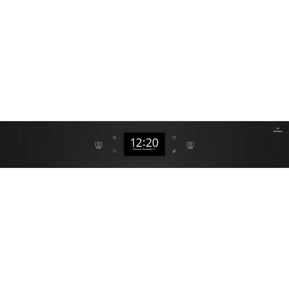 Black digital control panel with touchscreen display and icons for smart double wall oven in kitchen appliances collection
