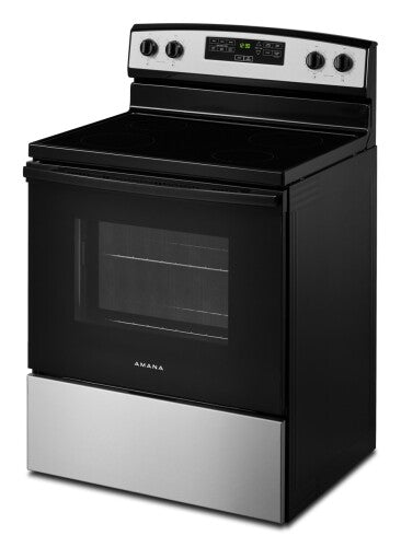 Black and stainless steel electric range with smooth cooktop and large oven window from appliances collection