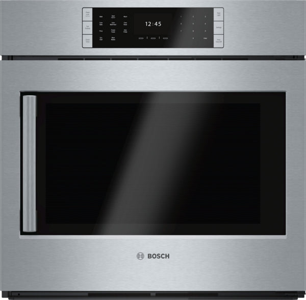 Front view of stainless steel 30-inch single wall oven with digital touch control panel from Bosch kitchen appliances collection