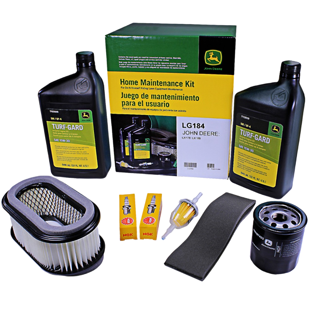 John Deere home maintenance kit with oil, air filter, spark plugs, fuel filter, and oil filter for tools and home care