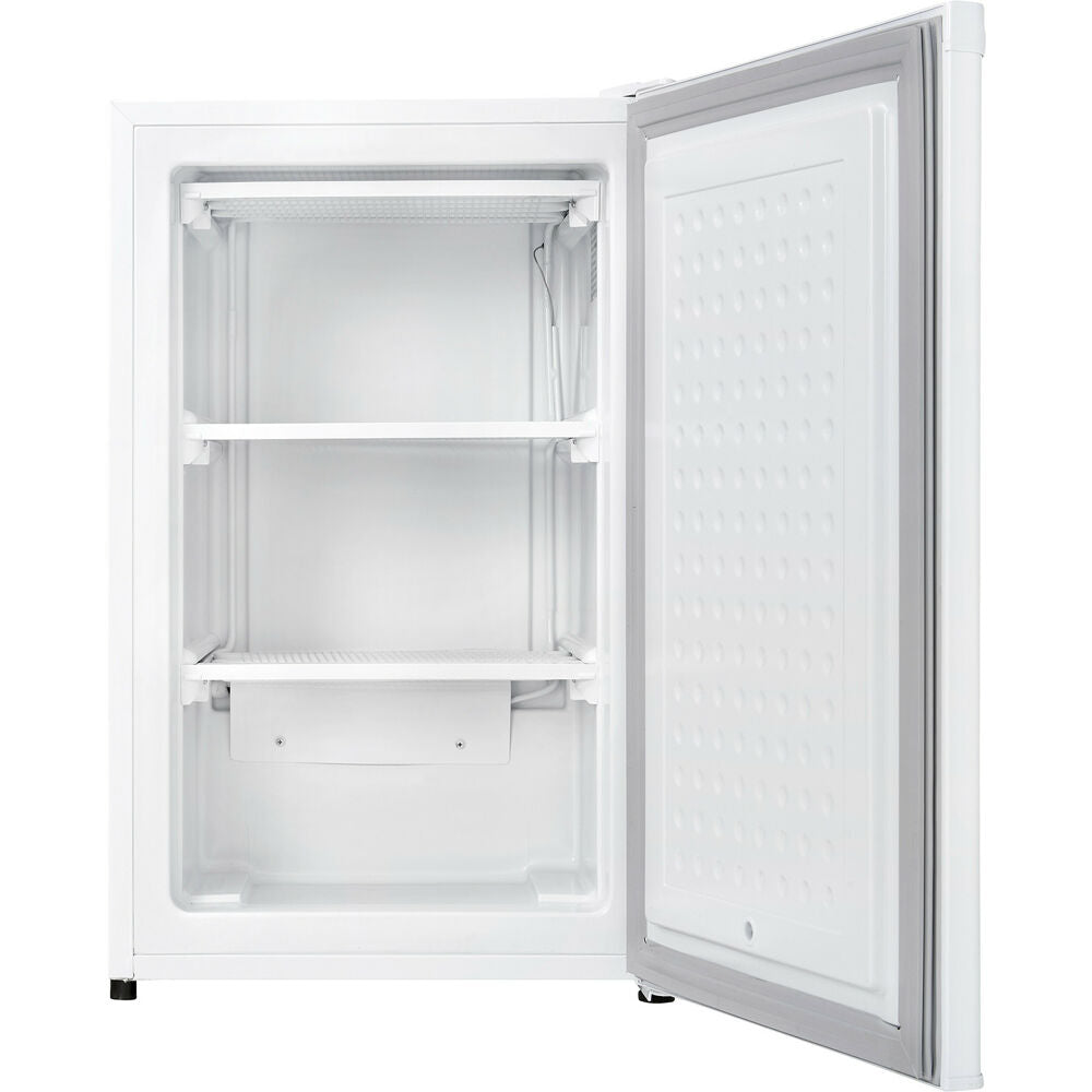Open compact white upright freezer showing interior shelves and door panel in freezers and appliances collection